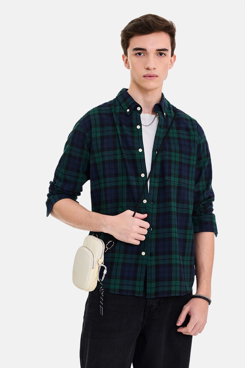Men's Green & Navy Checked Casual Shirt